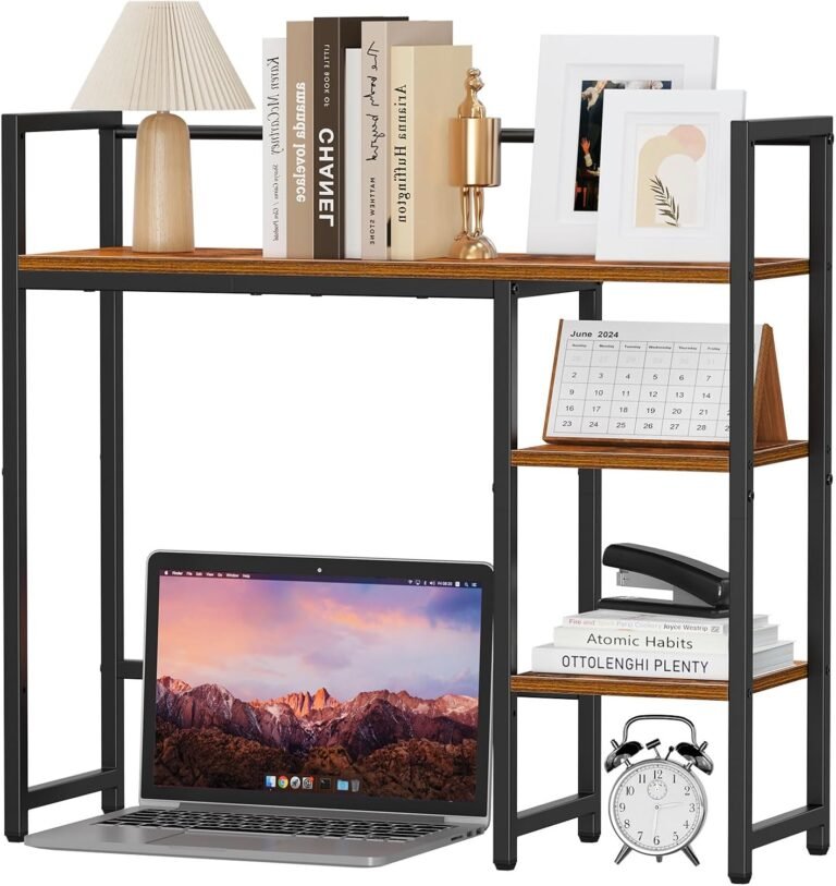 Snughome Desk Shelf, 31.9″ Desktop Organizer Shelf, Desk Hutch for Laptop Monitor, 4 Tier Desktop Show Rack, Wooden Desktop Bookshelf Storage Rack for Residence Workplace Dorm, Rustic Brown