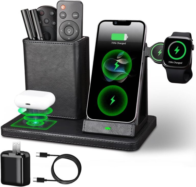 Workplace Provides Desk Equipment,Pen Holder for Desk,Distant Management Holder,Desk Organizer with Telephone Charger,Nightstand Desktop Organizer,Black Leather-based Desk Organizer With Charging Station (black)