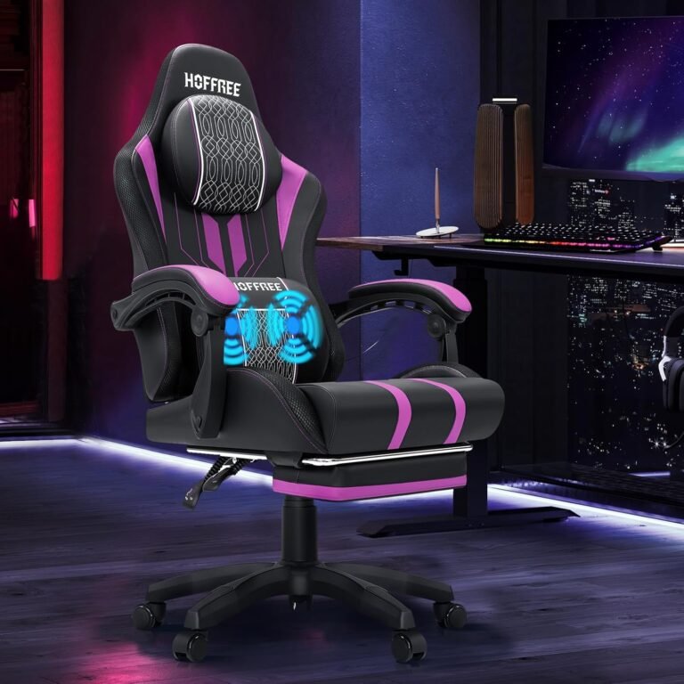HOFFREE Gaming Chair with Therapeutic massage Massive and Tall Video Recreation Chair for 400lbs with Footrest for Heavy Individuals Reclining Purple and Black