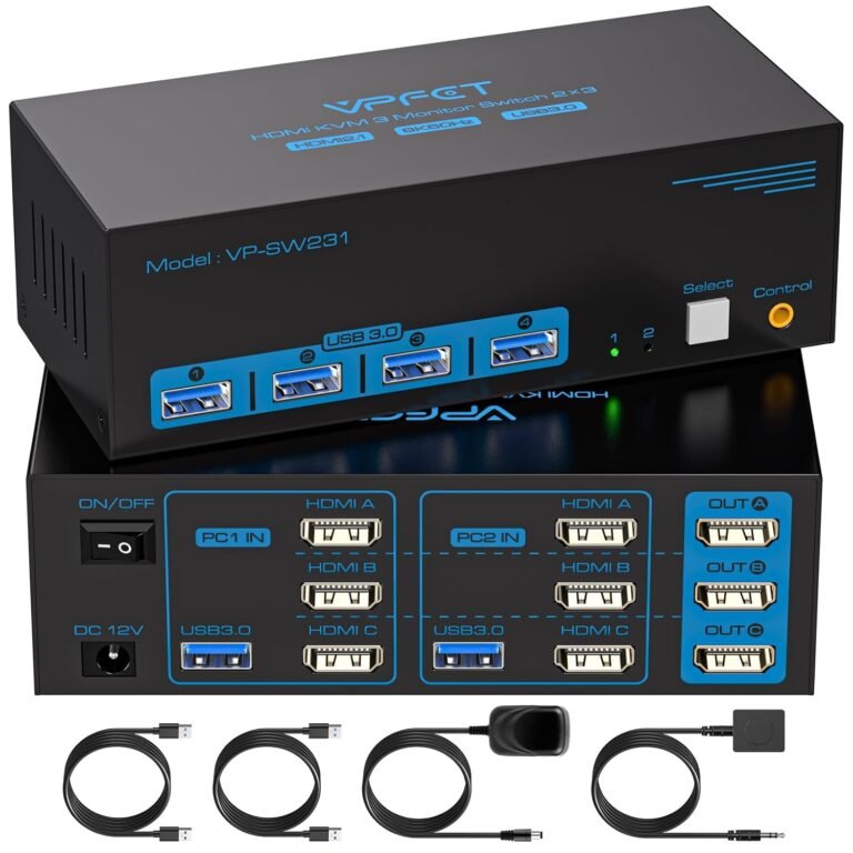 8K@60Hz HDMI KVM Change 3 Screens 2 Computer systems 4K@120Hz USB 3.0 KVM Switches for two PC Share Triple Monitor and 4 USB Ports Helps Prolonged&Duplicate Mode.Wired Controller DC 12V/1A Adapter Included