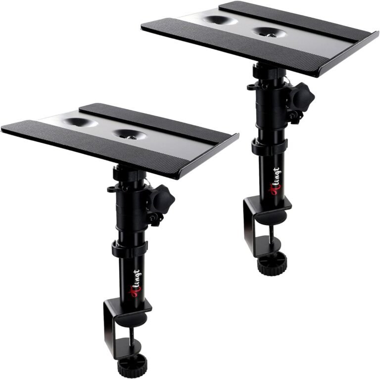 Studio Monitor and Speaker Stand Pair, Clamp-on Desk Speaker Stand Set of two, 9.5×9 inch Metallic Tray, -10° to +10° Tilted Angle for Broad Vary of Monitor Audio system, Bookshelf Audio system, Laptops.