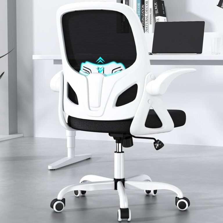 House Desk Chair with Again Supportive Lumbar Help, Breathable Double Mesh Cushion House Desk Workplace Chair with Flip up Arms, Fashionable Ergonomic House Desk Workplace Chair for House and Work(White)