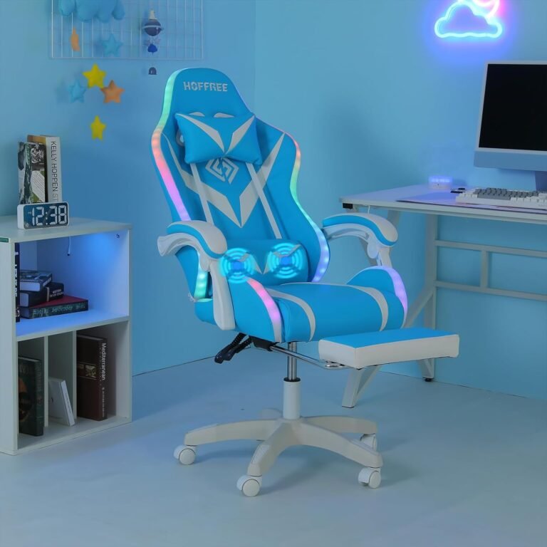 HOFFREE Gaming Chair with Therapeutic massage and LED Lights Ergonomic Video Sport Chairs with Footrest Excessive Again Reclining Laptop Chair with Adjustable Lumbar Assist Blue and White