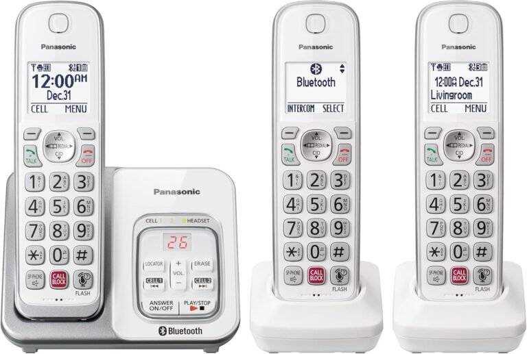Panasonic Cordless Cellphone with Answering Machine, Link2Cell Bluetooth, Voice Assistant and Superior Name Blocking, Expandable System with 3 Handsets – KX-TGD863W (White)