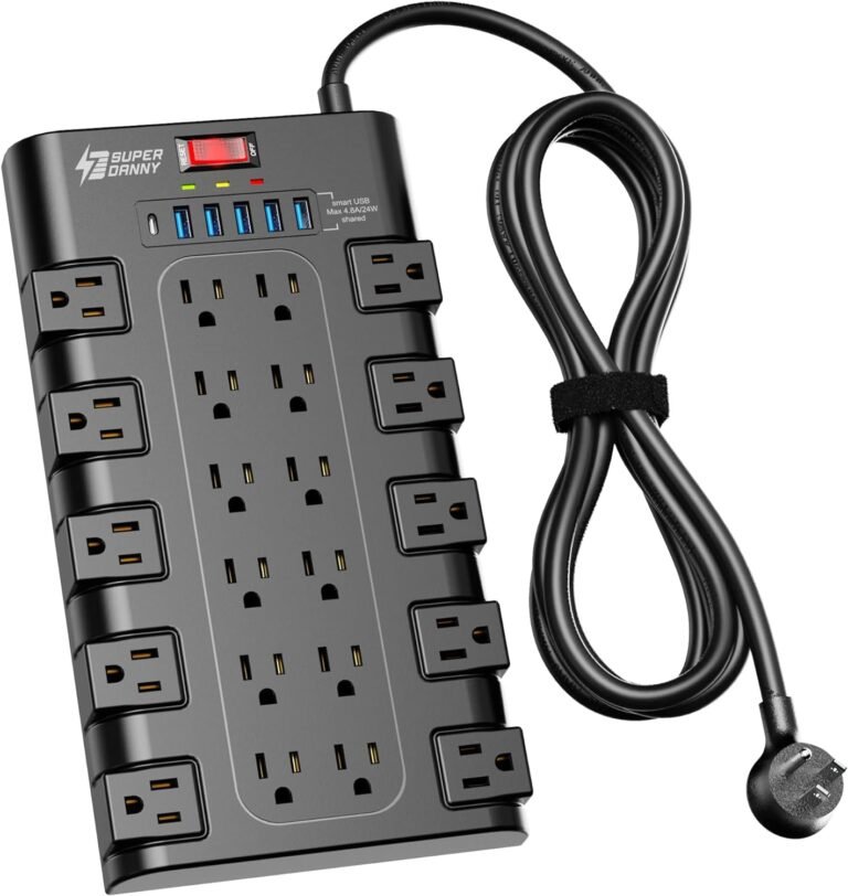 Energy Strip, SUPERDANNY Surge Protector with 22 AC Shops and 6 USB Charging Ports, 1875W/15A, 2100 Joules, 6.5Ft Flat Plug Heavy Responsibility Extension Twine for House, Workplace, Dorm, Gaming Room, Black