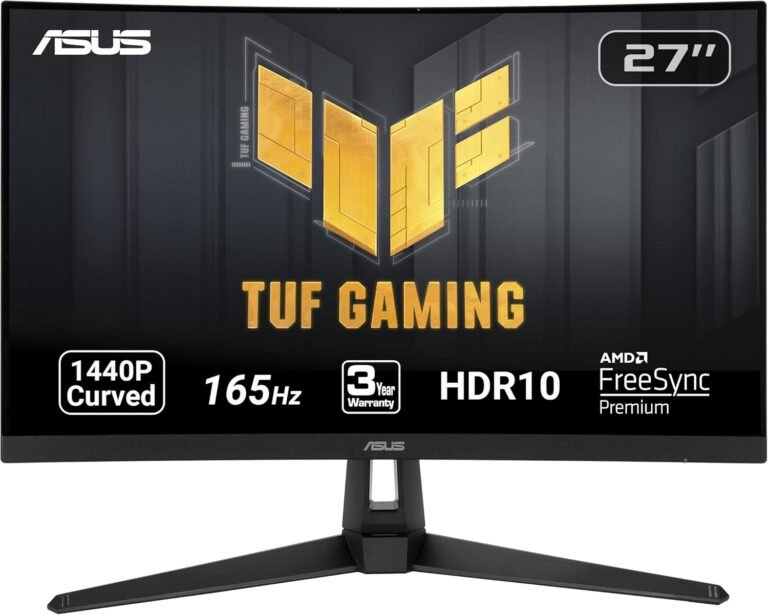 ASUS TUF Gaming VG27WQ1B 27” Curved Monitor, 1440P WQHD (2560 x 1440), 165Hz (Helps 144Hz), 1ms, Adaptive-sync/FreeSync Premium, Excessive Low Movement Blur, Eye Care, HDMI DisplayPort, HDR10