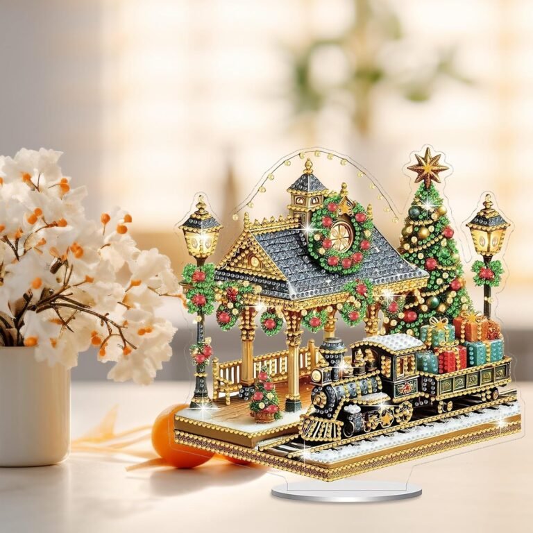 VODAPYC Christmas Prepare Diamond Artwork Tabletop Diamond Artwork Portray Package, Stand Up Particular Formed Diamond Portray Desktop Decoration, DIY Handmade Inventive Tabletop Decor(Christmas Prepare)