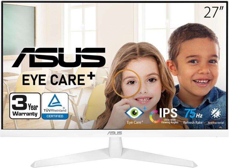 ASUS VY279HE-W 27” 1080P Monitor – White, Full HD, 75Hz, IPS, Adaptive-Sync/FreeSync, Eye Care Plus, Coloration Augmentation, Relaxation Reminder, HDMI, VGA, Frameless, VESA Wall Mountable