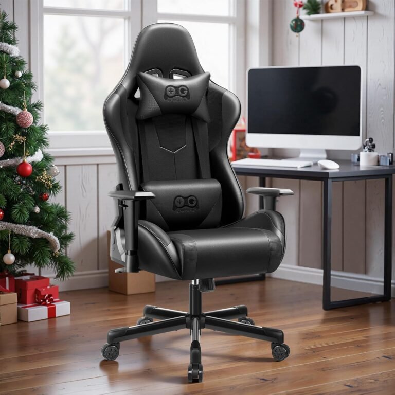OneGame Ergonomic Gaming Chair, Racing Model PU Leather-based Gamer Chair, Adjustable Backrest Swivel Workplace Recreation Chair with Lumbar Help, LvoryBlack