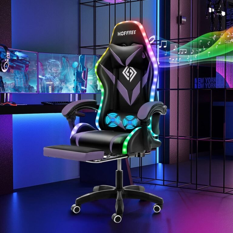 HOFFREE Gaming Chair Therapeutic massage with Bluetooth Audio system and Led Lights Ergonomic Pc Gaming Chair with Footrest RGB Video Recreation Chair with Excessive Again Lumbar Help Purple and Black