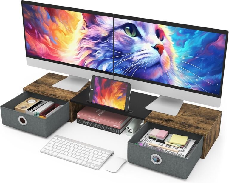 WESTREE Twin Monitor Stand Riser with Two Drawers, Additional Massive Storage for two Displays, Desktop Oraganizer Pc,Laptop computer,Display,Printer,TV