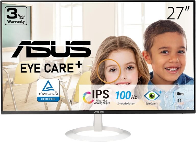 ASUS 27” (27-inch viewable) Eye Care Monitor (VZ27EHF-W) – Full HD (1920 x 1080), IPS, 100Hz, 1ms, Frameless, Adaptive-Sync, HDMI, Low Blue Mild, Flicker Free, Extremely-Slim Profile, 3 yr Guarantee
