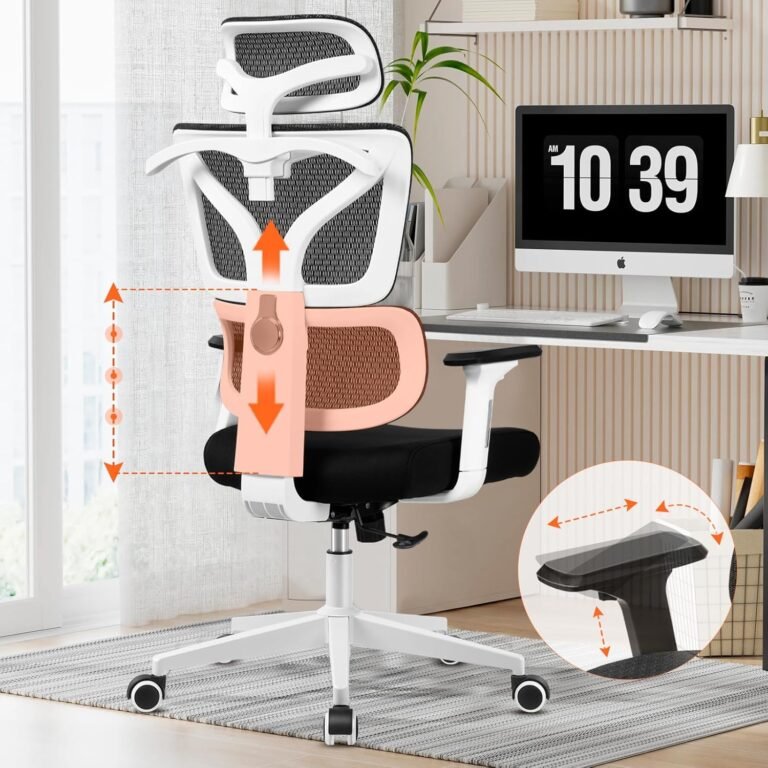 Razzor Ergonomic Workplace Desk Chair with Adjustable Lumbar Help, Pc Gaming Chair with 3D Arms and Headrest, Comfy Swivel Chair with Sponge Seat Cushion Excessive Again Government Chairs White
