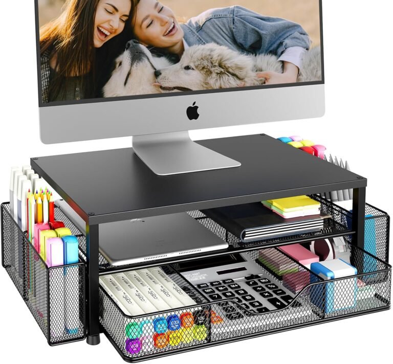 Desk Organizers and Equipment, 2-Tier Pc Monitor Stand for Desk Organizer with Drawer and a couple of Pen Holders, Workplace Desk Equipment Workspace Desktop Organizers for Workplace Provides, Black