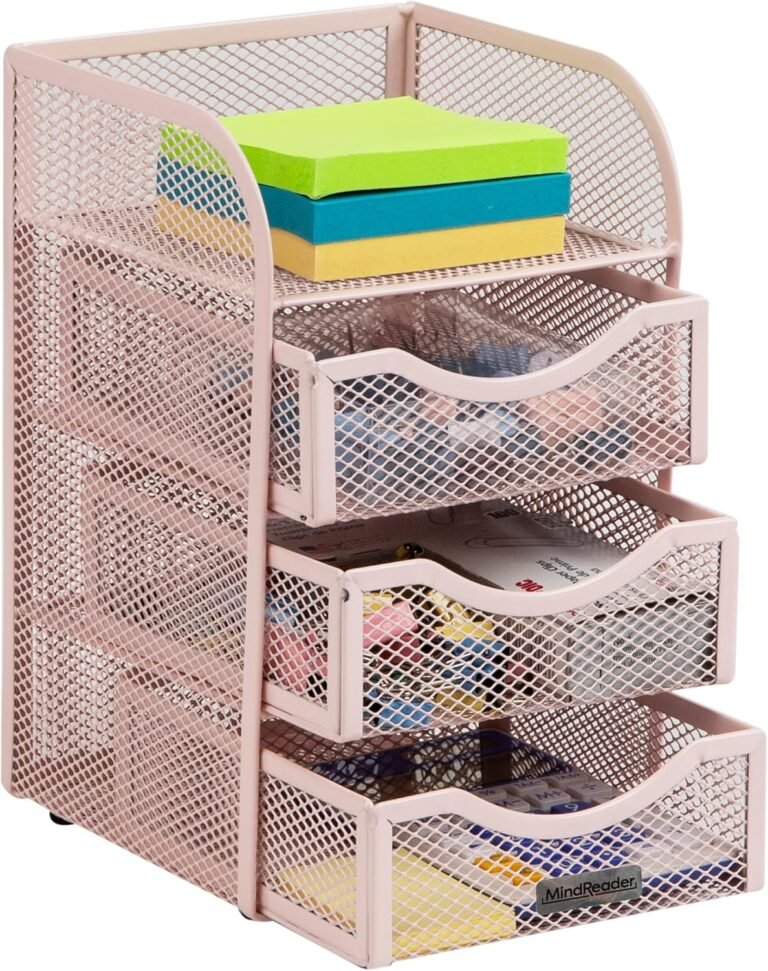 Thoughts Reader Desktop Accent Storage, Paper Binder Clip Basket, Workspace, Workplace, Steel Mesh, 4.75″ L x 5″ W x 8″ H, Pink