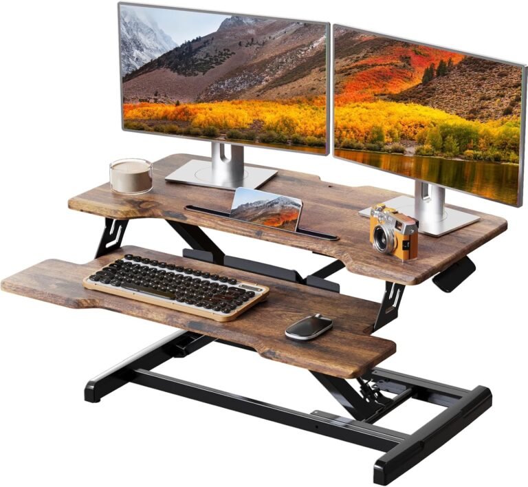 Standing Desk Converter 32 inch, Top Adjustable Sit Stand Desk Riser, Fast Sit to Stand Desktop Twin Monitor Riser Workstation for Residence Workplace with Keyboard Tray, Rustic Brown