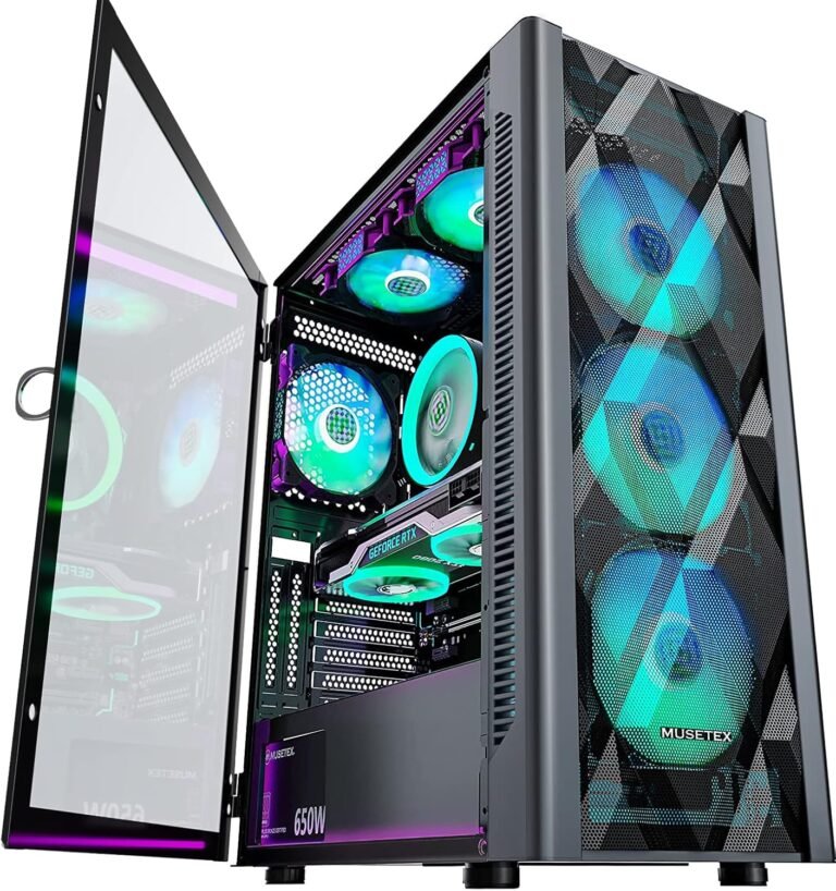 MUSETEX ATX PC Case Pre-Set up 6 PWM ARGB Followers, Polygonal Mesh Laptop Gaming Case, Opening Tempered Glass Aspect Panel Mid-Tower Case, USB 3.0 x 2, Black, NN8