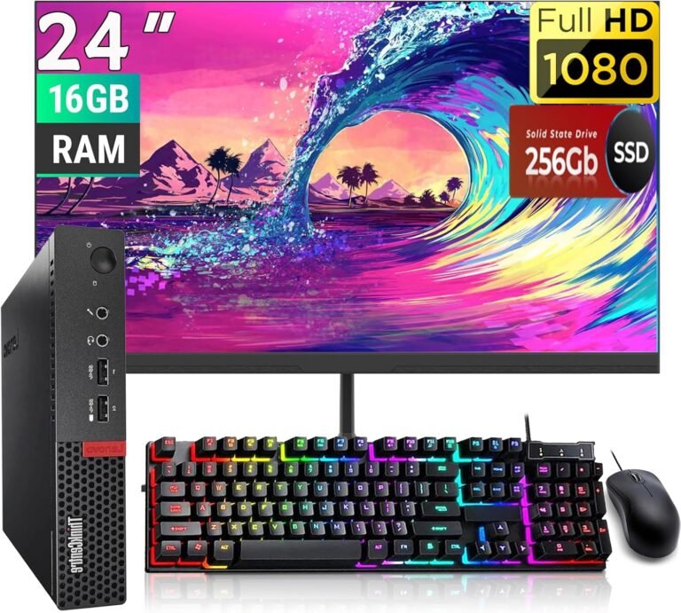 Lenovo ThinkCentre M710Q Tiny PC Desktop Laptop, with 24″ FHD(1920×1080) Monitor, Intel i3-6100 3.7GHz, 16GB RAM, 256GB SSD, Keyboard, Mouse, USB WiFi, Win10 Professional(Renewed)