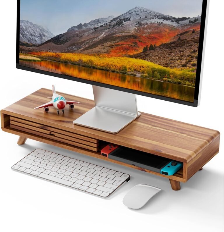 Tinamo Acacia Monitor Stand Riser with Sliding Door – Picket Monitor Riser for Desk – Laptop Monitor Stand for Desk – Multi-Goal Desktop Storage Stand for Laptop; Laptop computer; TV(24.4 ” x 8″ x 5″)