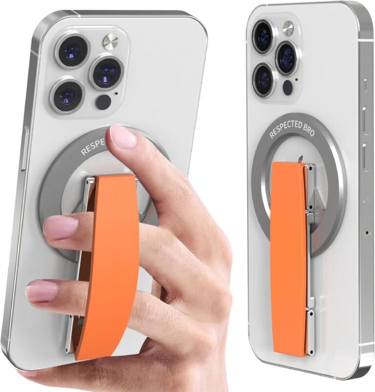 RESPECTED-BRO-Magnetic-Cellphone-Grip-Stand, Magnetic Cellphone Ring Holder Kickstand with Silicone Finger Strap, Compatibility for iPhones, Androids, and Extra (Orange)