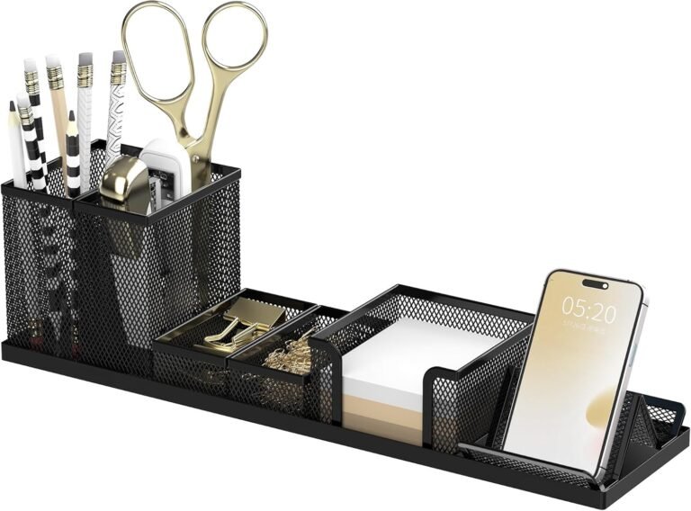 SUPEASY Pen Holder for Desk, 6 Piece Mesh Desk Organizer set, Desk Equipment for Workplace Group with Mail Organizer, Letter Telephone Holder, Sticky Notes Caddy Storage, Black