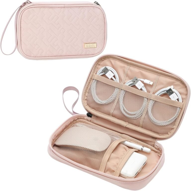 NISHEL Twine Digital Organizer, Journey Necessities Case, Moveable Small Organizer Bag for Girls, Tech organizer as Journey Equipment for Cable, Cellphone, Flash drive, SD Card, Pink